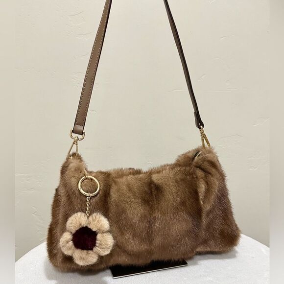 Natural Mink Fur Soft Slouchy Bag/Shoulder Bag/Crossbody & Fur Flower Bag Charm - Picture 1 of 16